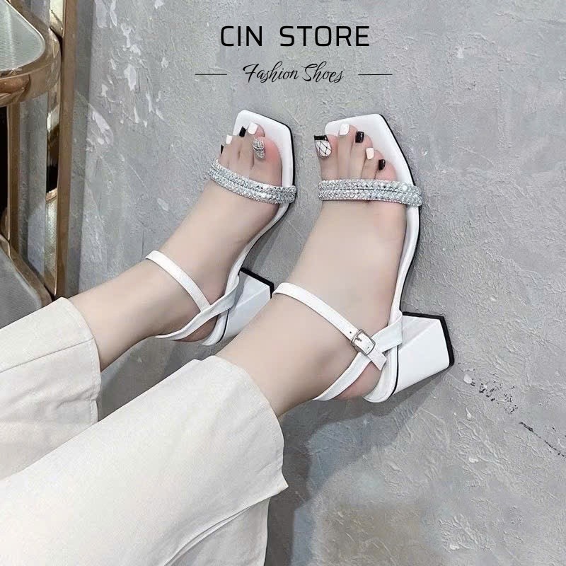 Giày Cao Gót Quai Ngang Dây Đính Đá, Dép Sandal Gót Vuông 7cm Hottrend Tôn Dáng - Cin Shoes