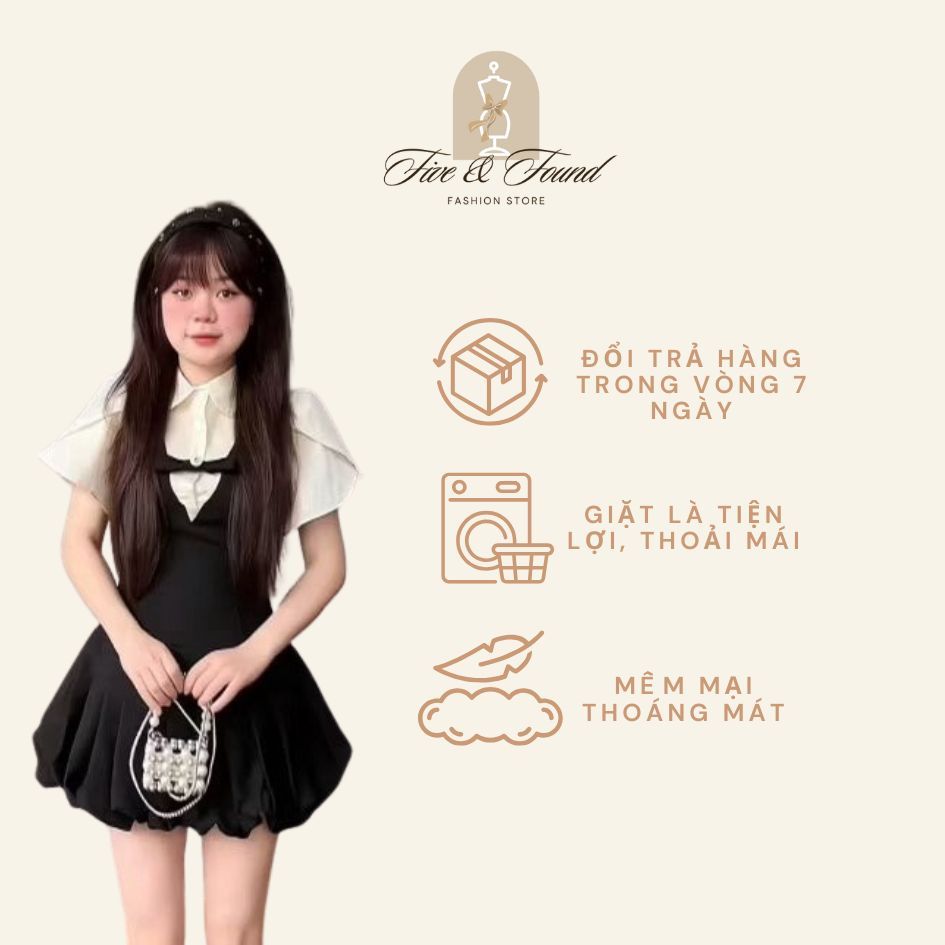 Product image Váy sơ mi nữ Five & Found VSM01 tay bồng phối ghi lê - Vải mềm thoáng mát - Dáng xòe tôn dáng 1
