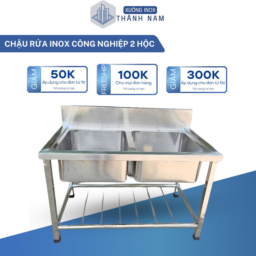 Chậu rửa chén bát công nghiệp inox 304 chậu đôi 2 hộc dùng cho gia đình, phòng trọ, quán ăn