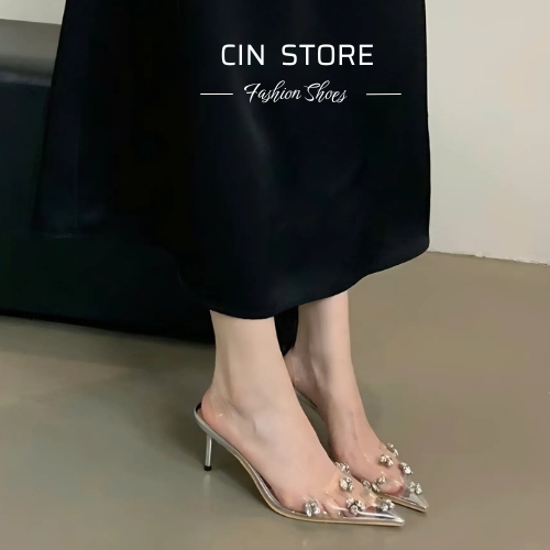 Giày Cao Gót Quai Trong Đính Charm, Giày Gót Nhọn Lót Bạc Mica 7cm 9cm Cao Cấp - Cin Shoes