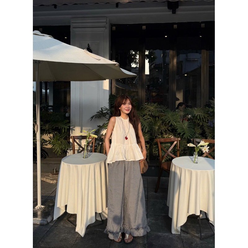 Quần THÔ LINEN SẦN màu BE ống rộng gấu bèo loe to cạp chun Quần NỮ the.sweaterweather TSW