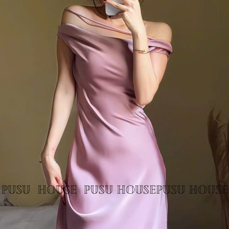 [Hàng sẵn]Đầm dự tiệc lụa dài có lót trễ vai đuôi cá tôn dáng sang trọng quyến rũ và thanh lịch siêu xinh - PUSU HOUSE