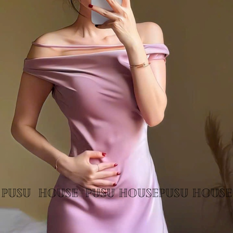 [Hàng sẵn]Đầm dự tiệc lụa dài có lót trễ vai đuôi cá tôn dáng sang trọng quyến rũ và thanh lịch siêu xinh - PUSU HOUSE