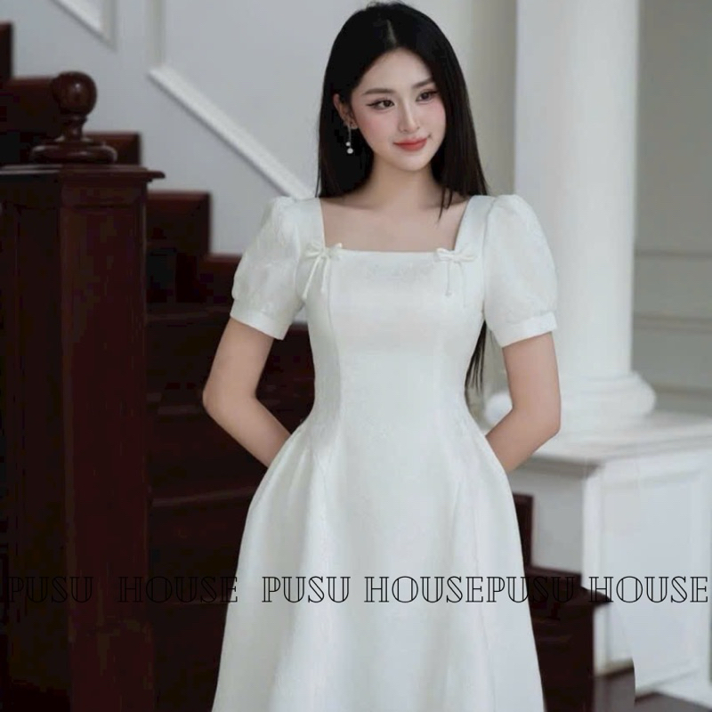 Đầm dự tiệc gấm cổ vuông phối nơ nữ tính dịu dàng-PUSU HOUSE