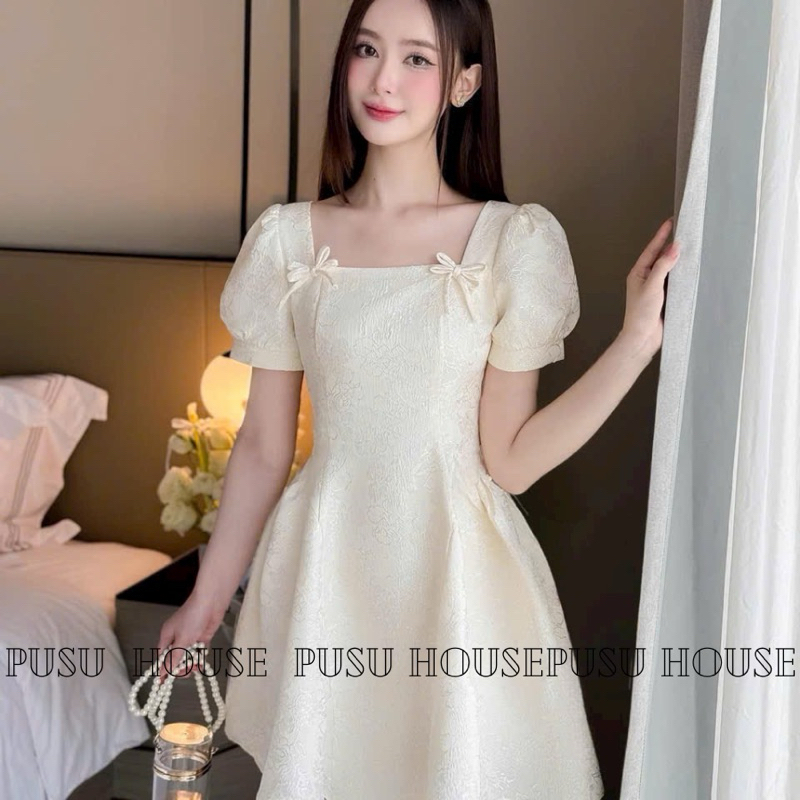 Đầm dự tiệc gấm cổ vuông phối nơ nữ tính dịu dàng-PUSU HOUSE