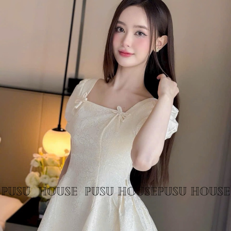 Đầm dự tiệc gấm cổ vuông phối nơ nữ tính dịu dàng-PUSU HOUSE