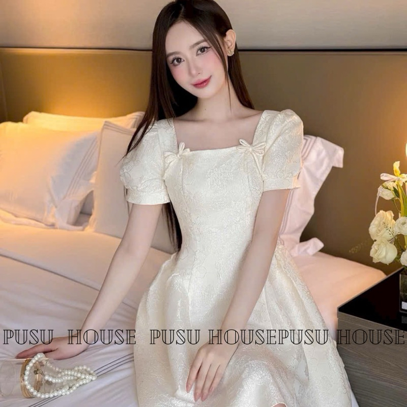 Đầm dự tiệc gấm cổ vuông phối nơ nữ tính dịu dàng-PUSU HOUSE