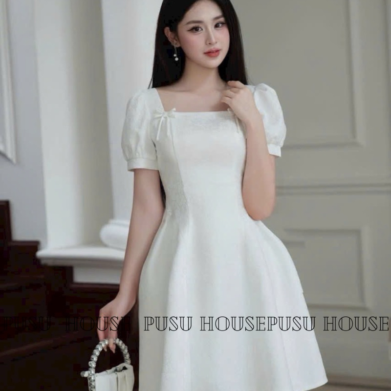 Đầm dự tiệc gấm cổ vuông phối nơ nữ tính dịu dàng-PUSU HOUSE