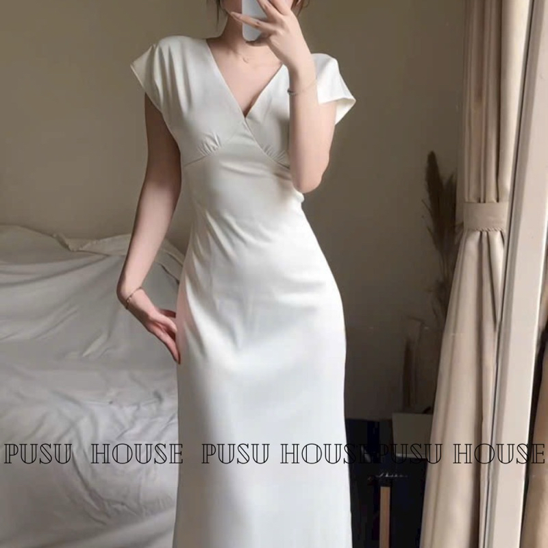 Đầm lụa cổ V form dài nữ tính dịu dàng siêu xinh dự tiệc đi chơi- PUSU HOUSE