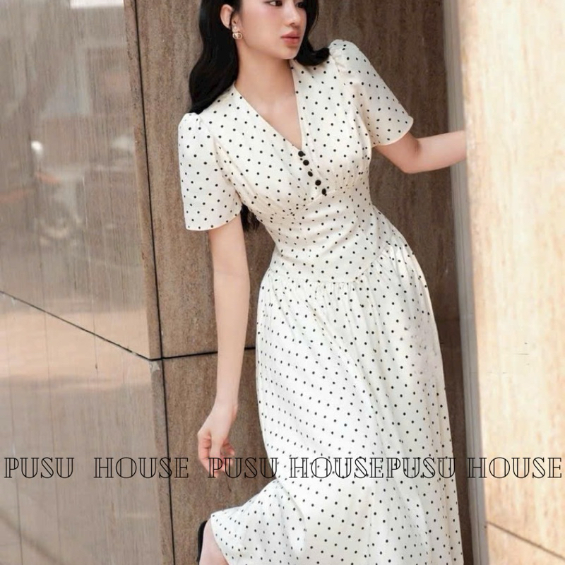 Đầm dự tiệc chấm bi maxi cổ V phối nút bọc đi tiệc công sở - PUSU HOUSE
