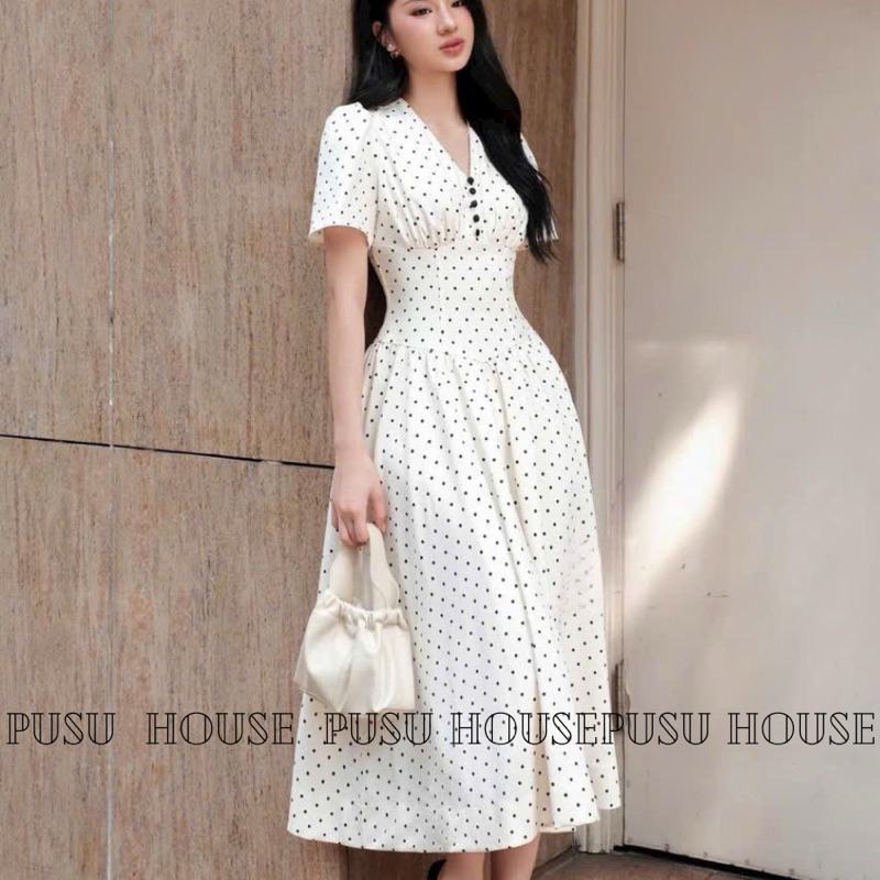 Đầm dự tiệc chấm bi maxi cổ V phối nút bọc đi tiệc công sở - PUSU HOUSE