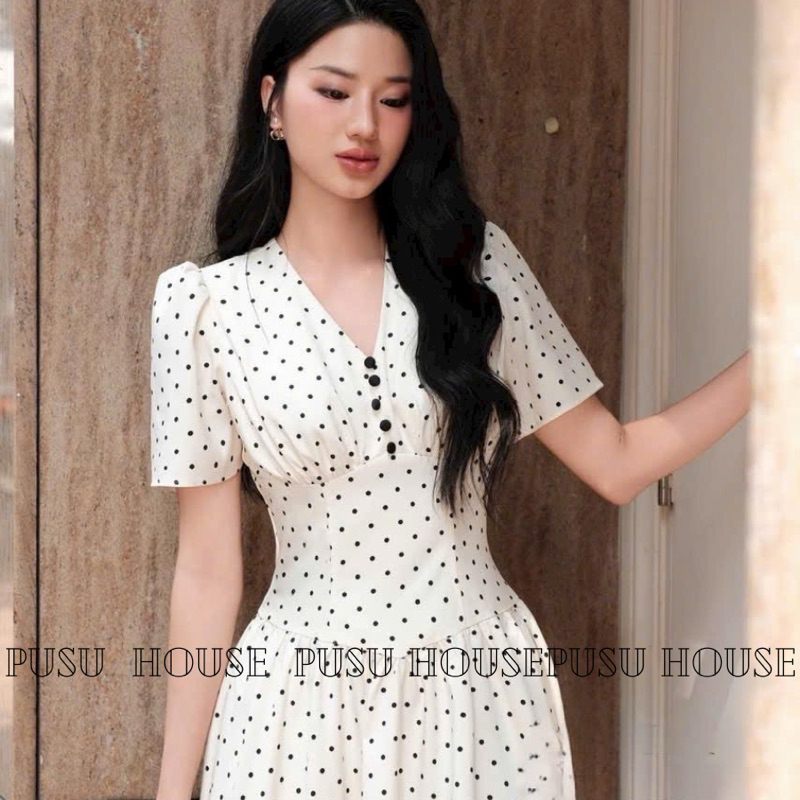 Đầm dự tiệc chấm bi maxi cổ V phối nút bọc đi tiệc công sở - PUSU HOUSE