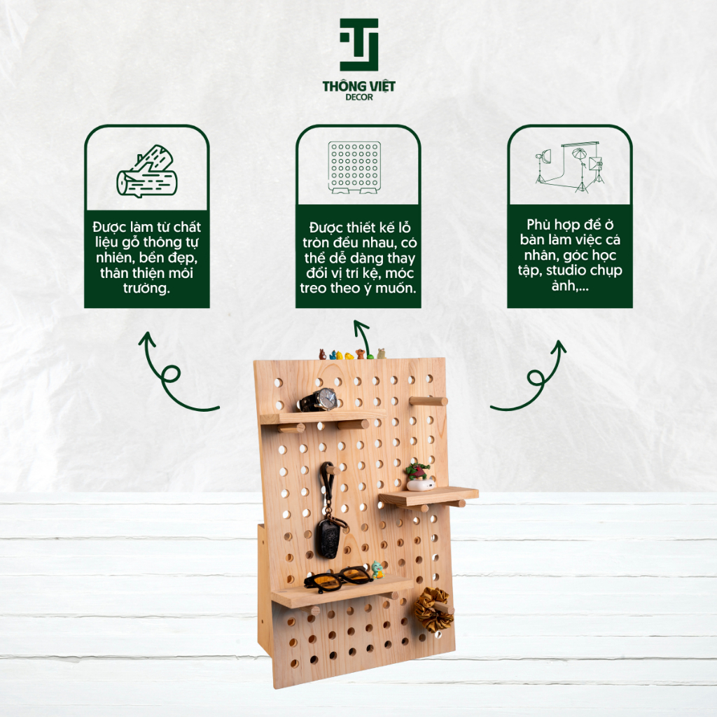 [TV-D010]Bảng Gỗ Trang Trí Để Ảnh, Giá Gỗ Decor Pegboard Treo Tường Đa Năng Kèm Kệ Mini