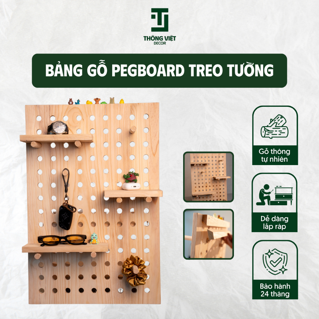 [TV-D010]Bảng Gỗ Trang Trí Để Ảnh, Giá Gỗ Decor Pegboard Treo Tường Đa Năng Kèm Kệ Mini