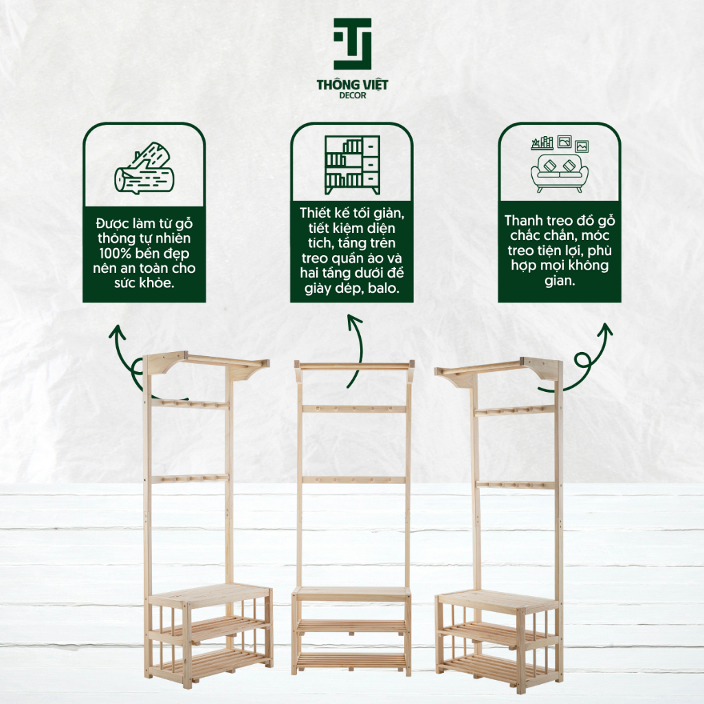 [TV-K002] Giá Gỗ Treo Quần Áo, Kệ Gỗ Kèm Kệ Để Giày Dép Decor, Kệ Treo Đồ Trang Trí Phòng Ngủ Phòng Khách