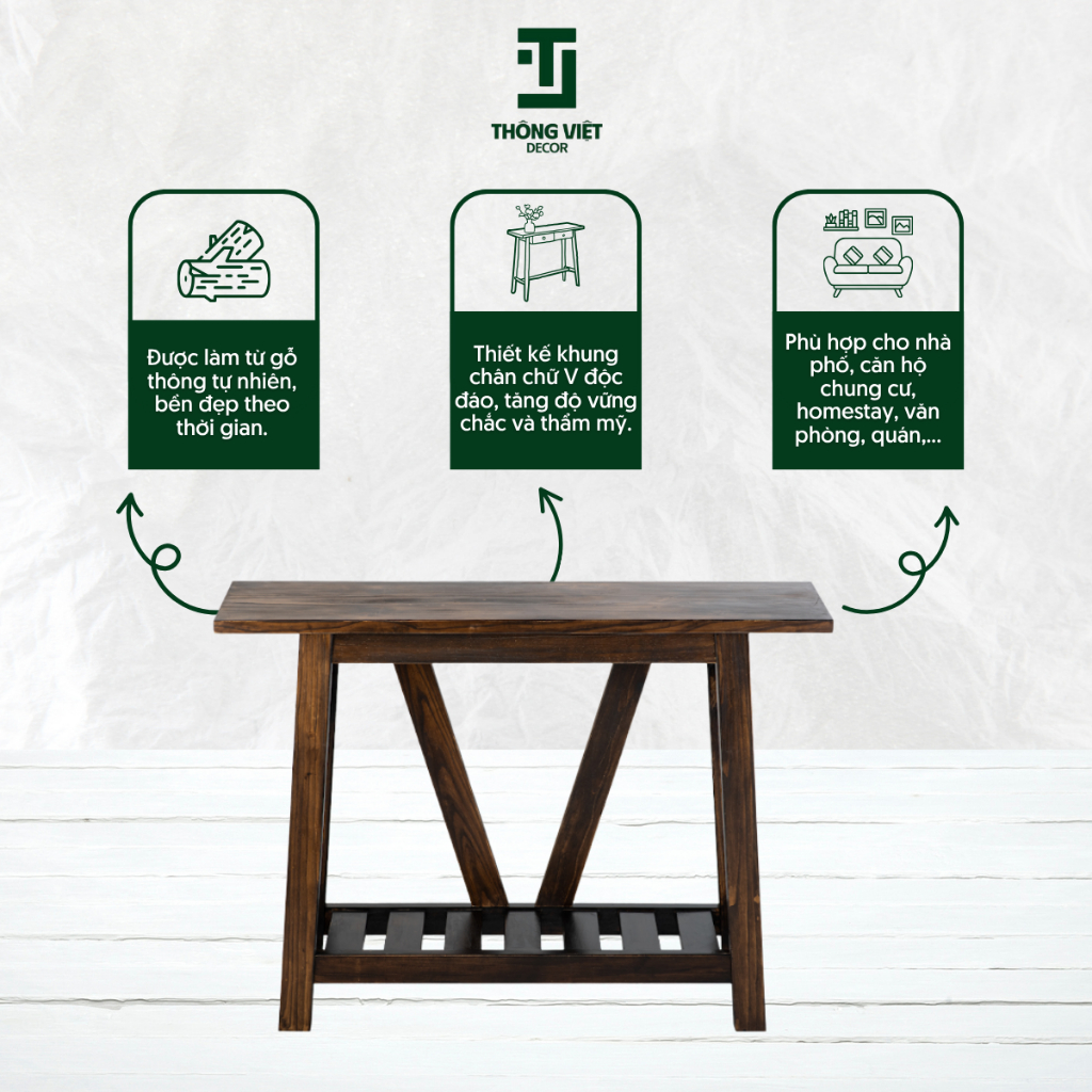 [TV-D009] Bàn Console Trang Trí Chân Chữ V Có Kệ Dưới Decor Phòng Khách Bàn Đặt Sảnh Gỗ Thông