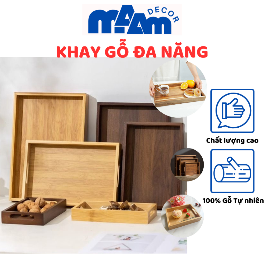Khay Gỗ Đa Năng Có Tay Cầm Dùng Để Bưng Bê Đồ Ăn Đồ Uống Nhà Hàng Khách Sạn Cafe MAAM DECOR