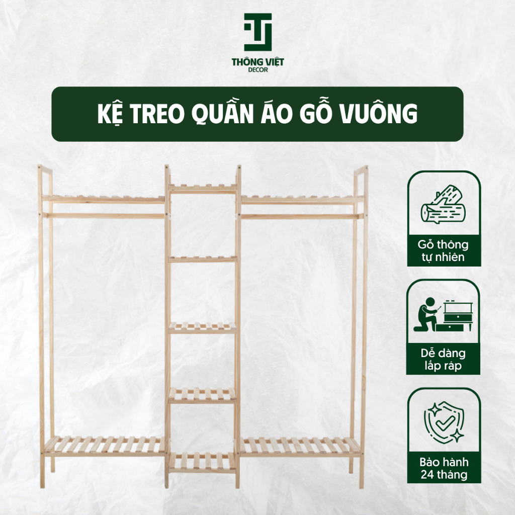 [TV-K004] Kệ Treo Quần Áo Gỗ Vuông Phong Cách Hàn Quốc Size Nhỏ, Giá Đựng Đồ Decor Trang Trí Phòng Ngủ
