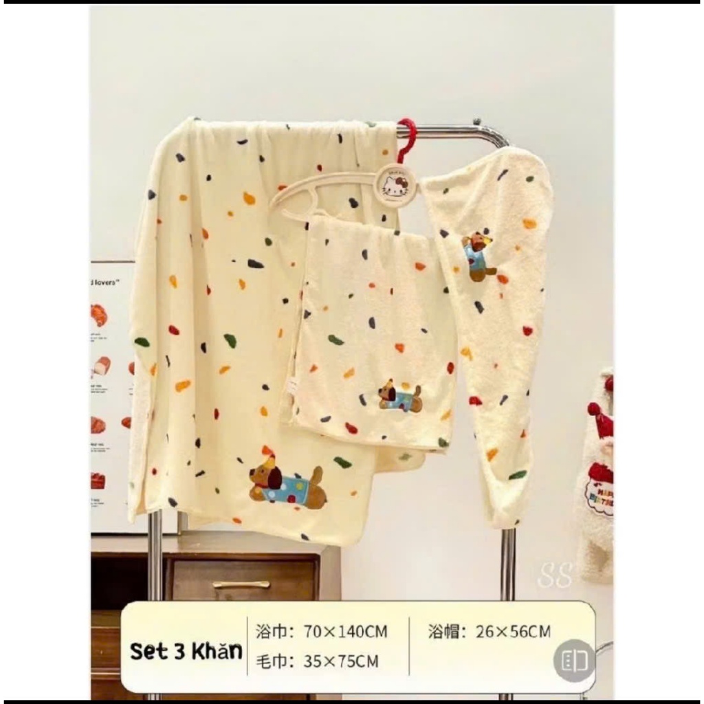 Set 3 khăn tắm hoạ tiết cún mini siêu mềm thấm hút nhanh an toàn cho da bé