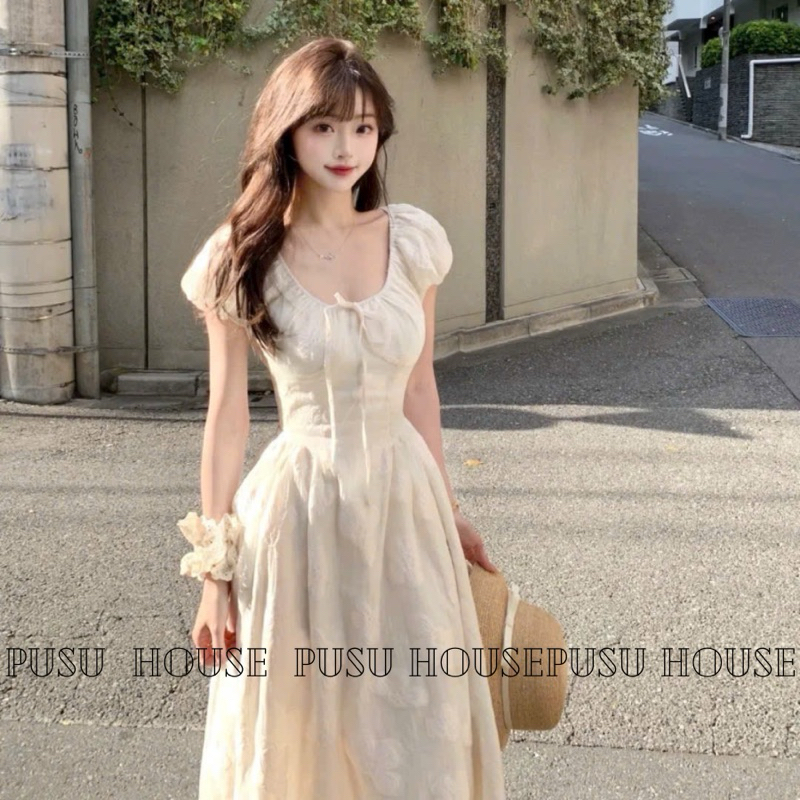 [Hàng sẵn-y hình ]Đầm maxi ren tay bồng tiểu thư dự tiệc đi biển dễ thương xinh xắn- PUSU HOUSE