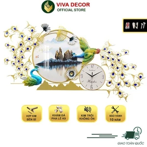 Đồng Hồ Treo Tường Kim Trôi Chim Công Khổng Tước Tráng Gương Đính Đá Cao Cấp VIVA DECOR V2929-1
