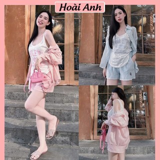Set Bộ Đồ Nữ 3 Món LEAGUE Thêu Gấu Áo Sơ Mi Kẻ Sọc Mềm Mại Kèm Áo Ba Lỗ Trắng Mix Quần Sooc Đùi Ống Rộng
