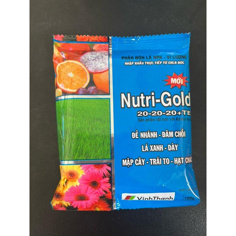 Phân bón lá Nutri gold 20-20-20 VinhThanh(gói 100gr) Đẻ nhánh Đâm chồi Mập Thân Trái To Hạt chắc