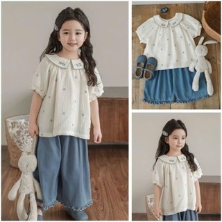 [B&G] Sét bộ dài áo Muslin thêu hoa kèm quần ống suông rộng mùa hè cho bé gái từ 12-45kg(2-12 tuổi)