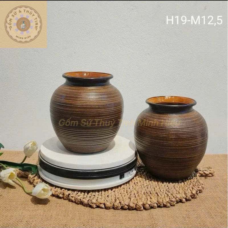 Bình Hoa Lọ Hoa Men Mộc Bát Tràng Dáng Tròn, Bình Hoa Decor, Lọ Gốm Trang Trí