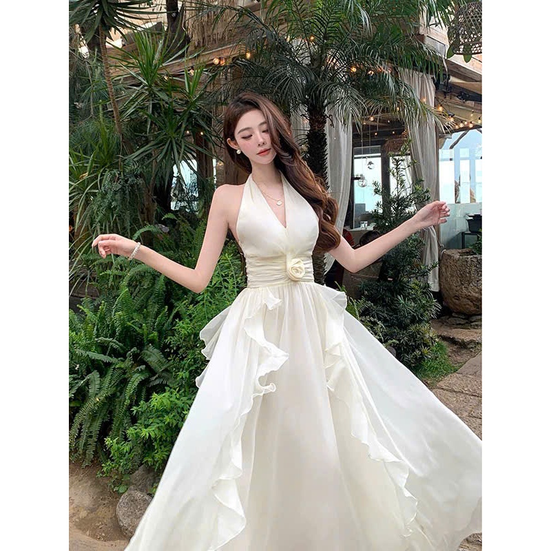 Đầm Voan Maxi Trắng Hở Lưng Nhún Eo – Nữ Tính, Bay Bổng, Sang Trọng