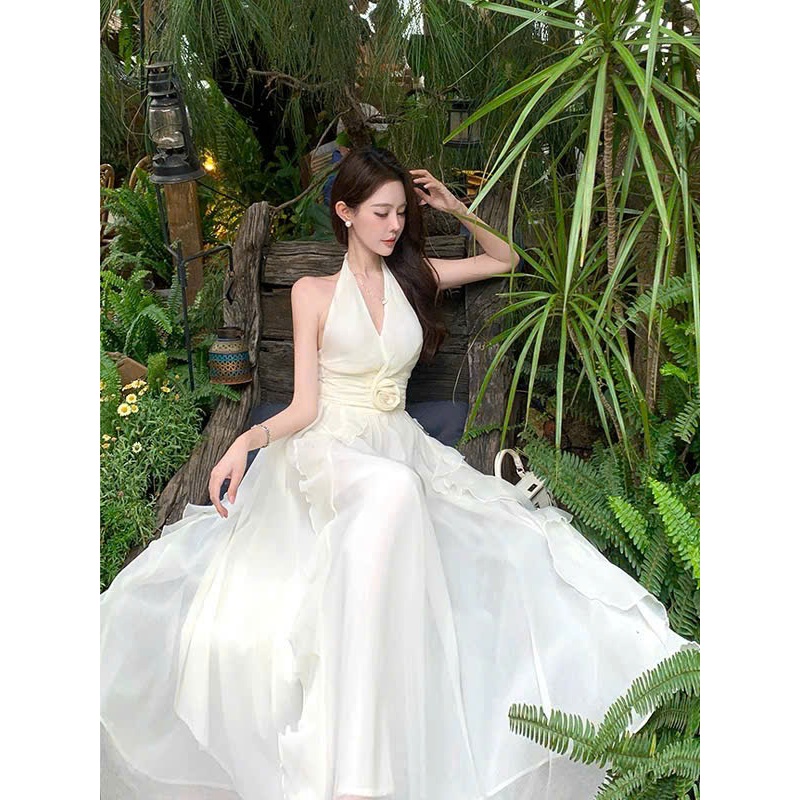 Đầm Voan Maxi Trắng Hở Lưng Nhún Eo – Nữ Tính, Bay Bổng, Sang Trọng