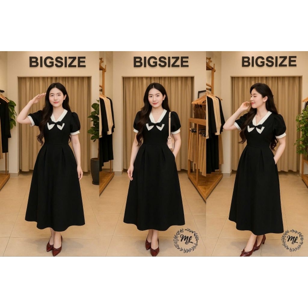 ĐẦM THUN POLY XÒE DÀI PHỐI NƠ NGỰC – FORM VÁY TAY BỒNG NHẸ NHÀNG – ĐEN TRẮNG TINH TẾ – CHUẨN BIGSIZE 55–90KG (MS403)