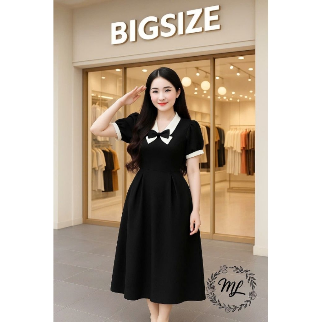 ĐẦM THUN POLY XÒE DÀI PHỐI NƠ NGỰC – FORM VÁY TAY BỒNG NHẸ NHÀNG – ĐEN TRẮNG TINH TẾ – CHUẨN BIGSIZE 55–90KG (MS403)