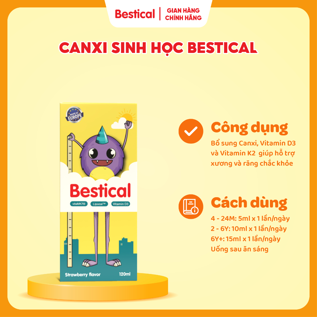 Canxi Bestical - Canxi sinh học bổ sung canxi d3 K2  cho bé, hỗ trợ xương chắc khỏe CHAI 120ML