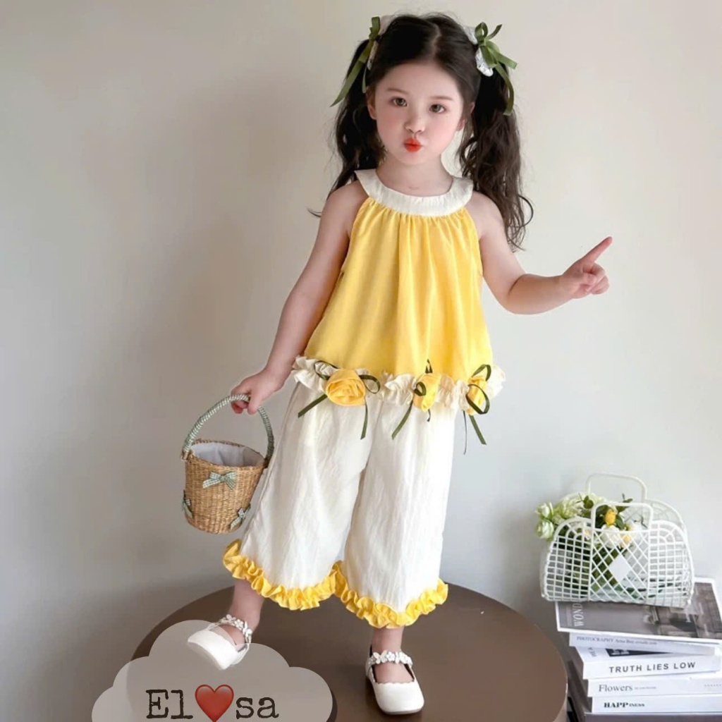 Quần áo bé gái - SET ÁO ĐÍNH HOA CỔ TRÒN QUẦN BÈO siêu xinh cho bé gái 1-8 Tuổi