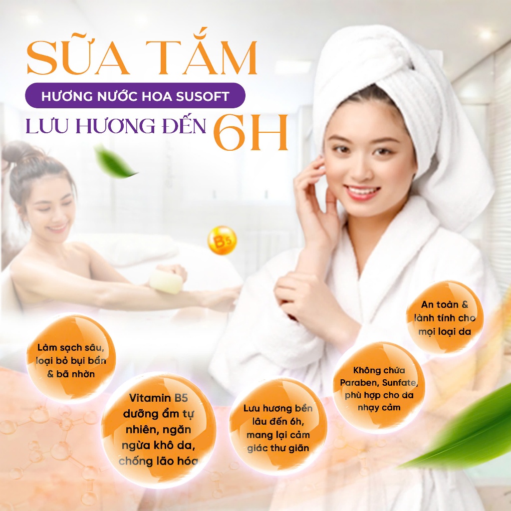 Sữa tắm Susoft không khô da, không nhờn sau khi tắm, hương nước hoa thơm lâu 800ml