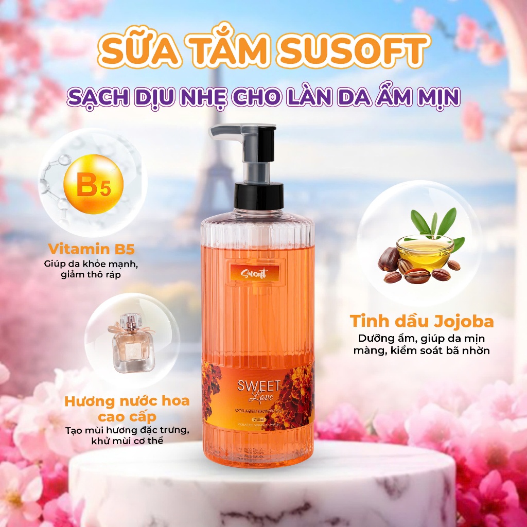 Sữa tắm Susoft không khô da, không nhờn sau khi tắm, hương nước hoa thơm lâu 800ml