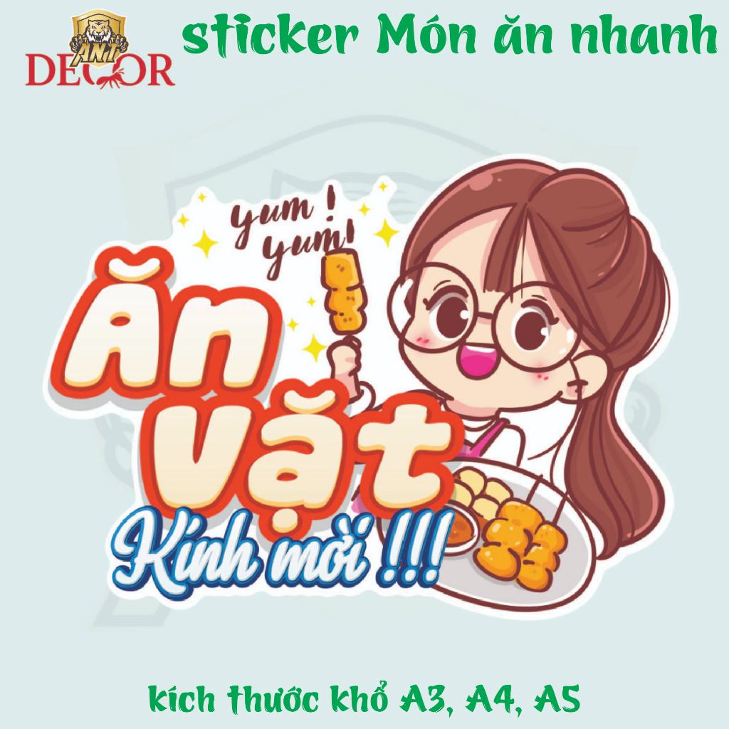 Decal ĂN VẶT - Decal Dán Tường Trang Trí Quán Ăn, Trà Sữa - Chống Thấm Nước, Chống Nắng, Cắt Sẵn