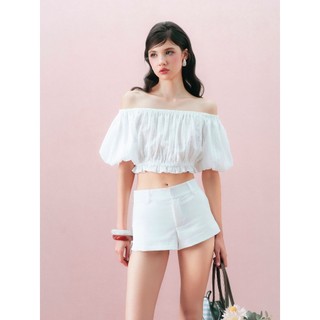 Áo trễ vai EAGER chất linen có hoạ tiết tay phồng SELEAN TOP