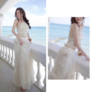 Set váy thiết kế đi biển chất Tơ Nến cổ yếm không tay phối váy dài maxi dáng xòe phong cách mát mẻ quyến rũ
