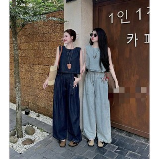 Set bộ thời trang nữ xinh xắn chất Jeans cứng Quảng Châu cao cấp cổ tròn không tay phối quần dài ống rộng trẻ trung
