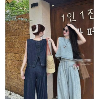 Set bộ thời trang nữ xinh xắn chất Jeans cứng Quảng Châu cao cấp cổ tròn không tay phối quần dài ống rộng trẻ trung