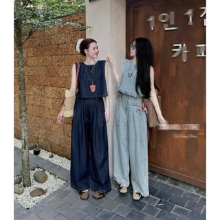 Set bộ thời trang nữ xinh xắn chất Jeans cứng Quảng Châu cao cấp cổ tròn không tay phối quần dài ống rộng trẻ trung