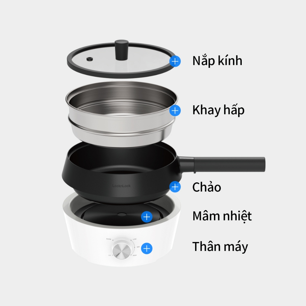Nồi Điện Đa Năng 4in1 LocknLock Multicooker EJP421WHT Dung Tích 2L, Nướng, Chiên, Lấu, Hấp - K-MALL