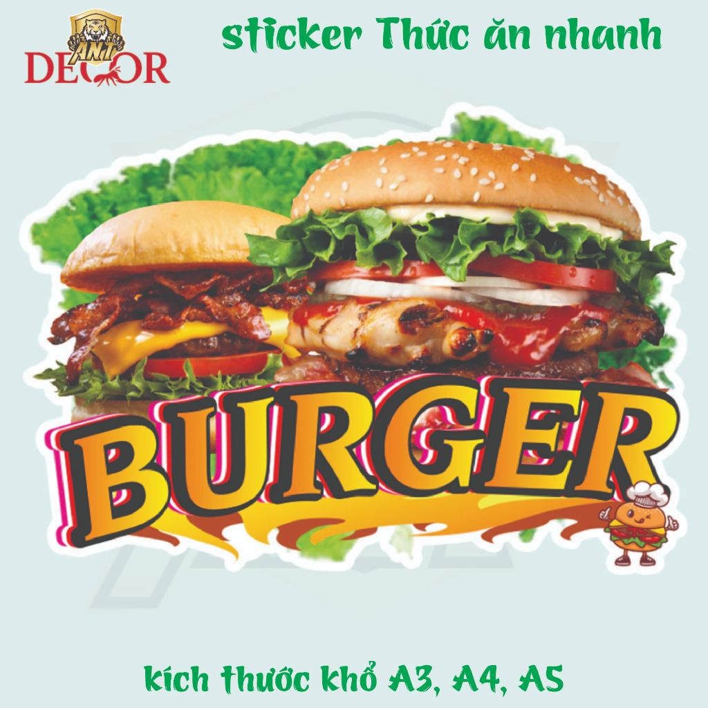 🔥 Decal Bánh Burger  – Decal Dán Tường Trang Trí - Sticker Chống Thấm Nước, Chống Nắng, Cắt Sẵn