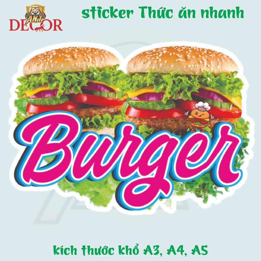 🔥 Decal Bánh Burger  – Decal Dán Tường Trang Trí - Sticker Chống Thấm Nước, Chống Nắng, Cắt Sẵn