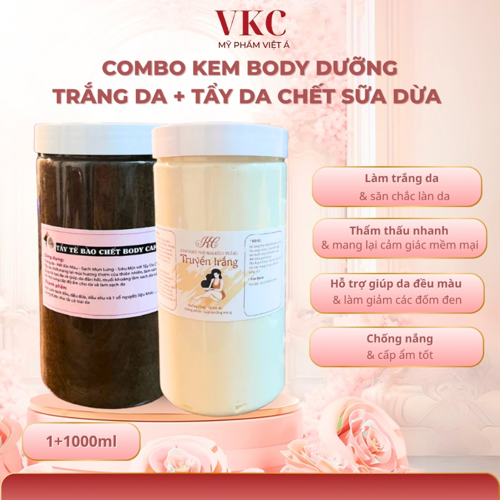 Combo 1kg Kem Body Dưỡng Trắng Da  + 1kg Tẩy Da Chết Sữa Dừa Giúp Làm Sạch, Nâng Tone Da