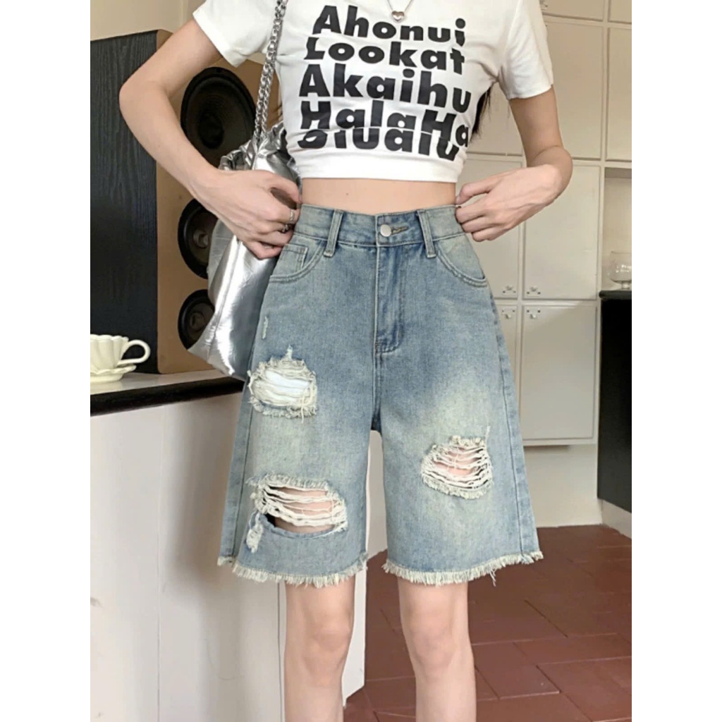 Quần jeans ngố rách ống rộng tua gấu thời trang, quần bò nữ form lửng phong cách năng động ED16