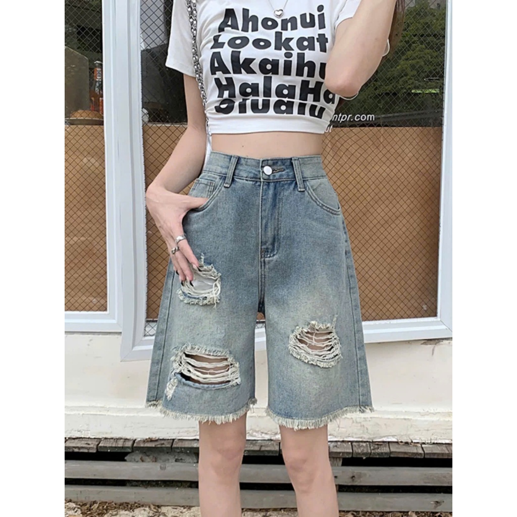 Quần jeans ngố rách ống rộng tua gấu thời trang, quần bò nữ form lửng phong cách năng động ED16