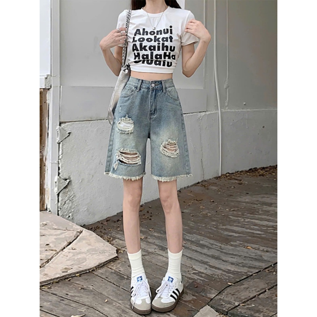 Quần jeans ngố rách ống rộng tua gấu thời trang, quần bò nữ form lửng phong cách năng động ED16